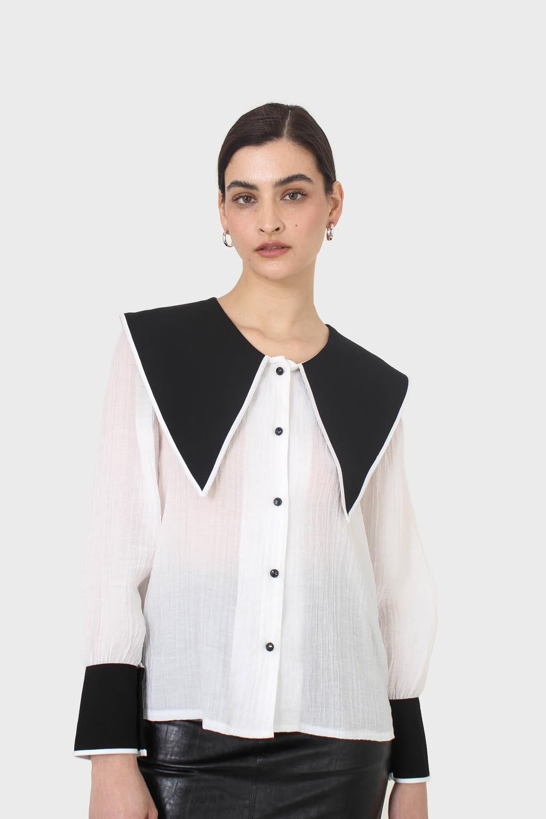 Ivory and black oversized pointed collar blouse