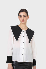 Ivory and black oversized pointed collar blouse
