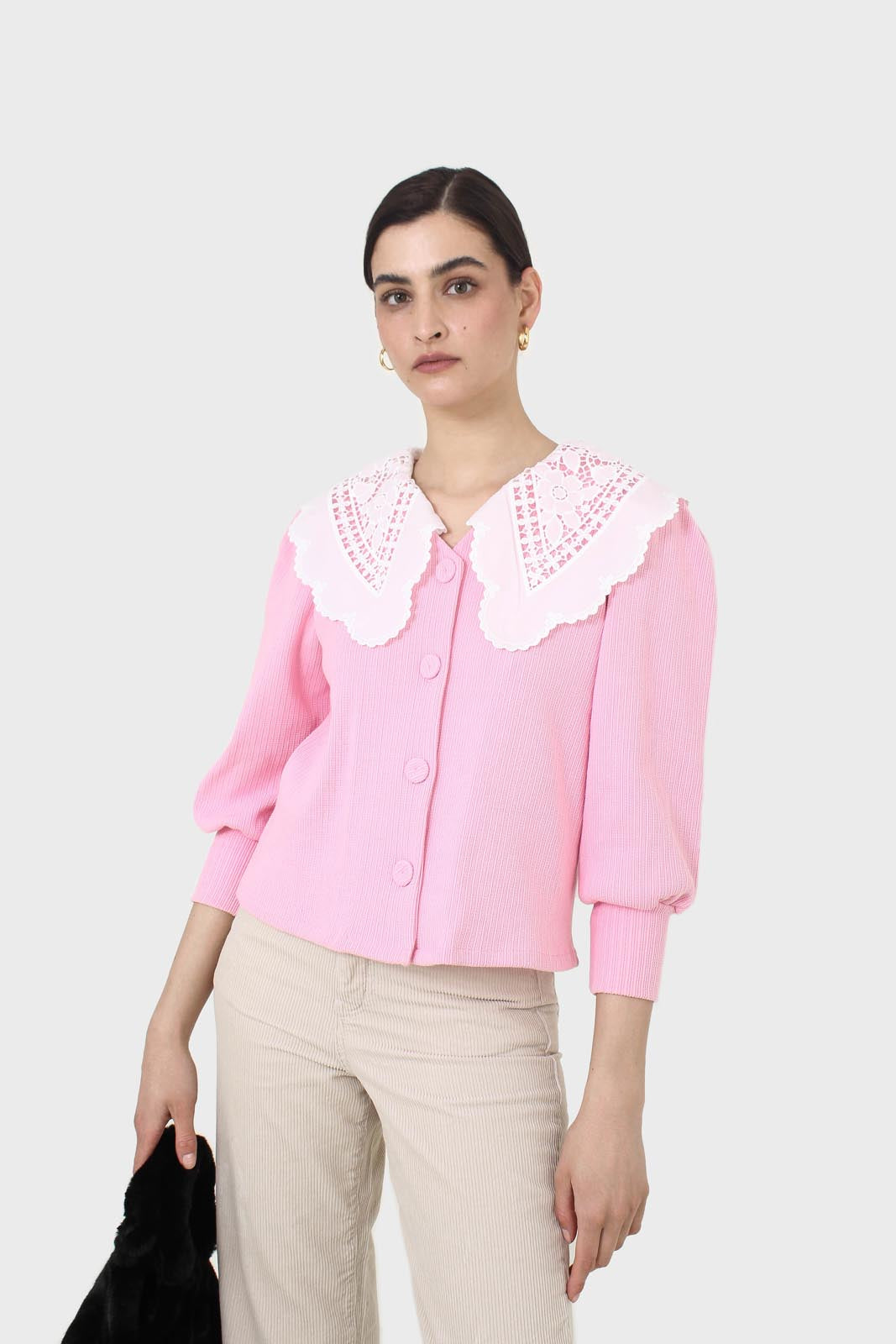 Pink and ivory detachable lace collar cardigan
