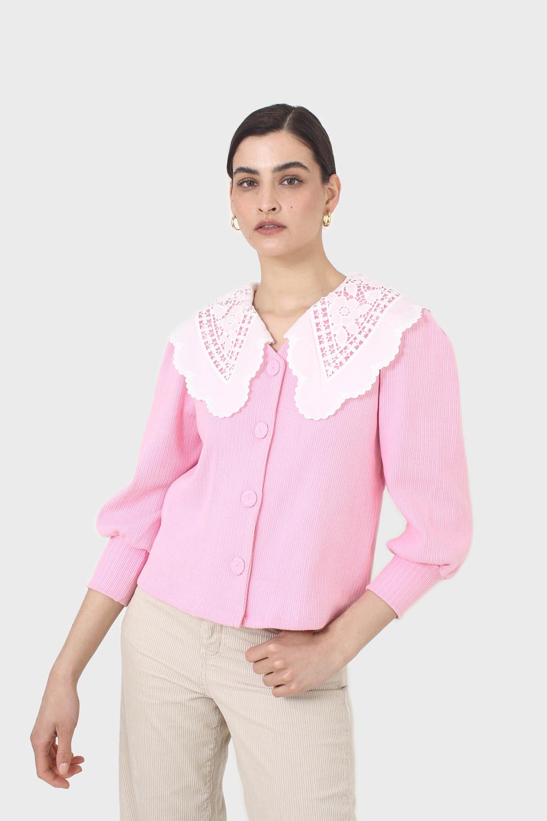 Pink and ivory detachable lace collar cardigan