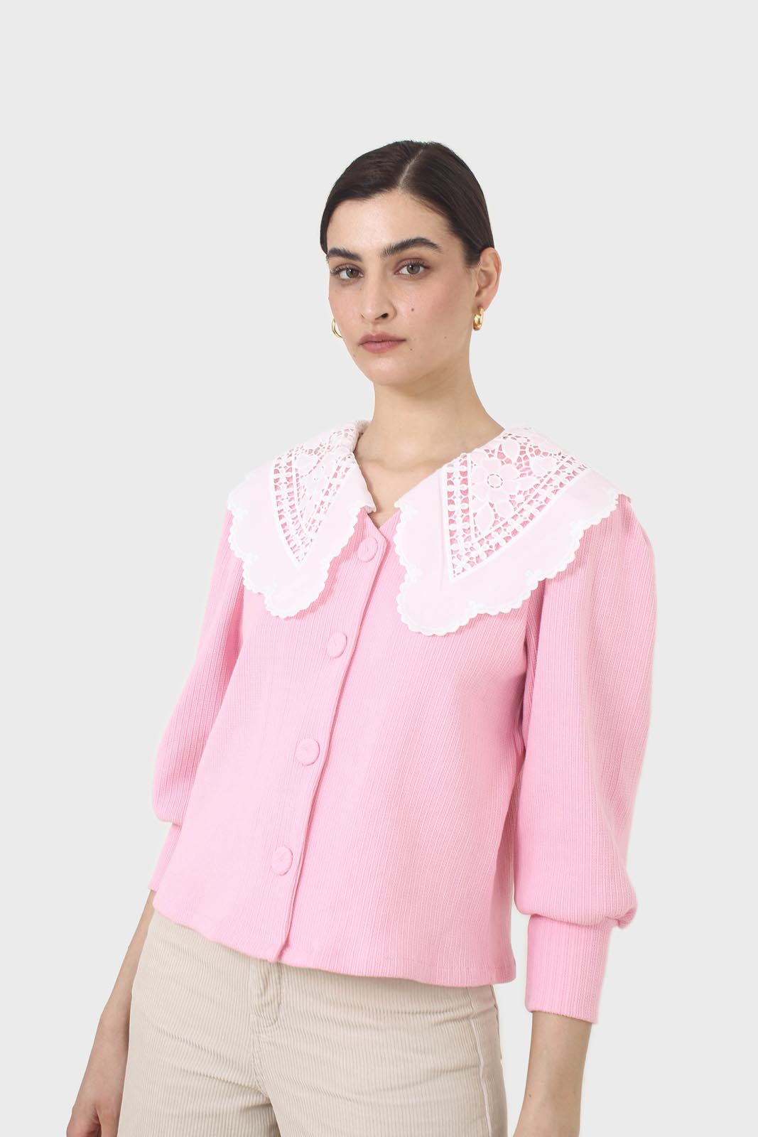 Pink and ivory detachable lace collar cardigan