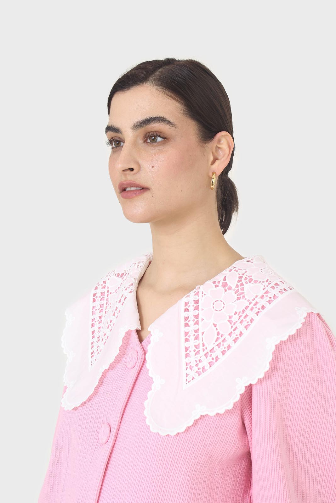Pink and ivory detachable lace collar cardigan