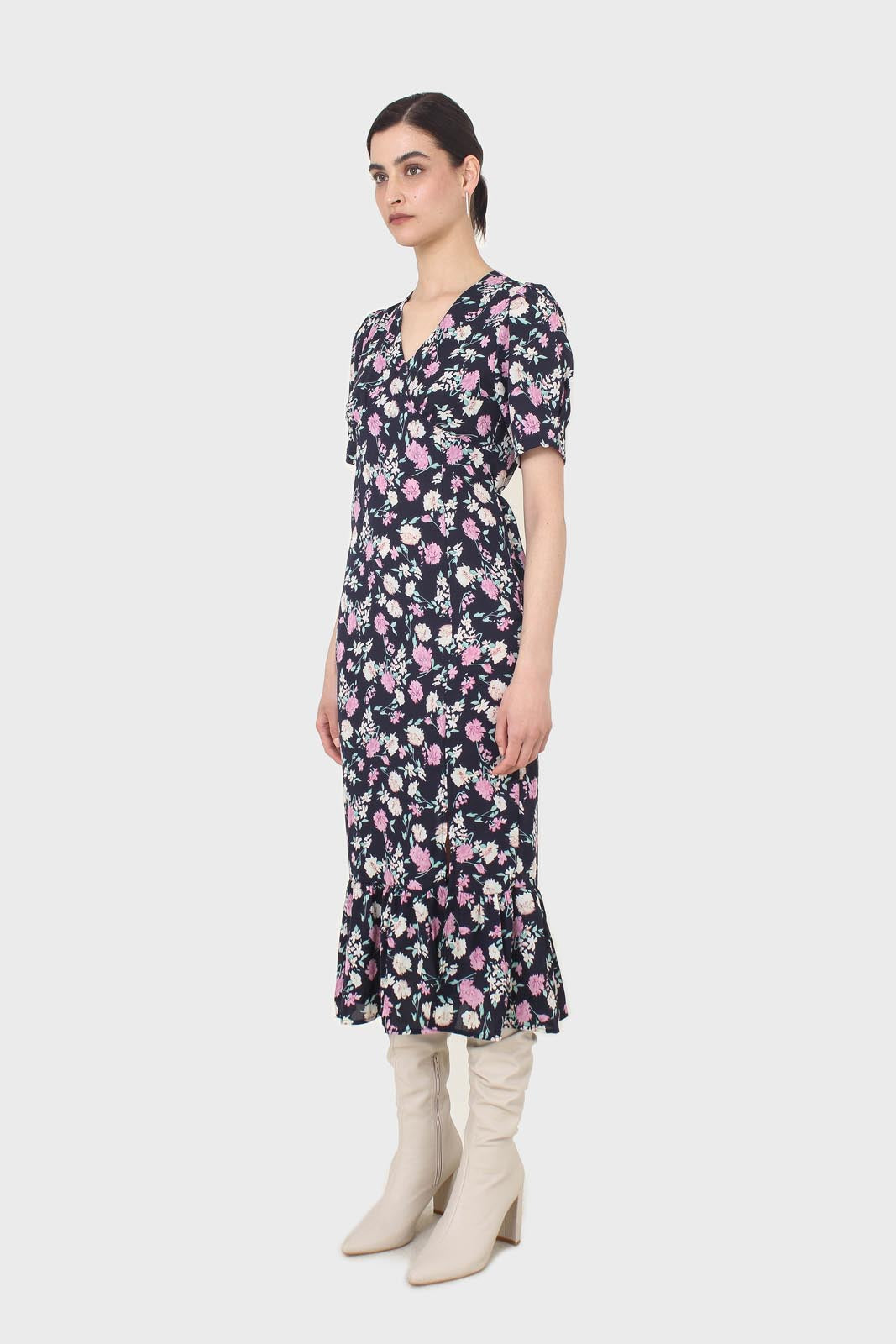 Navy pink and ivory floral tie back dress