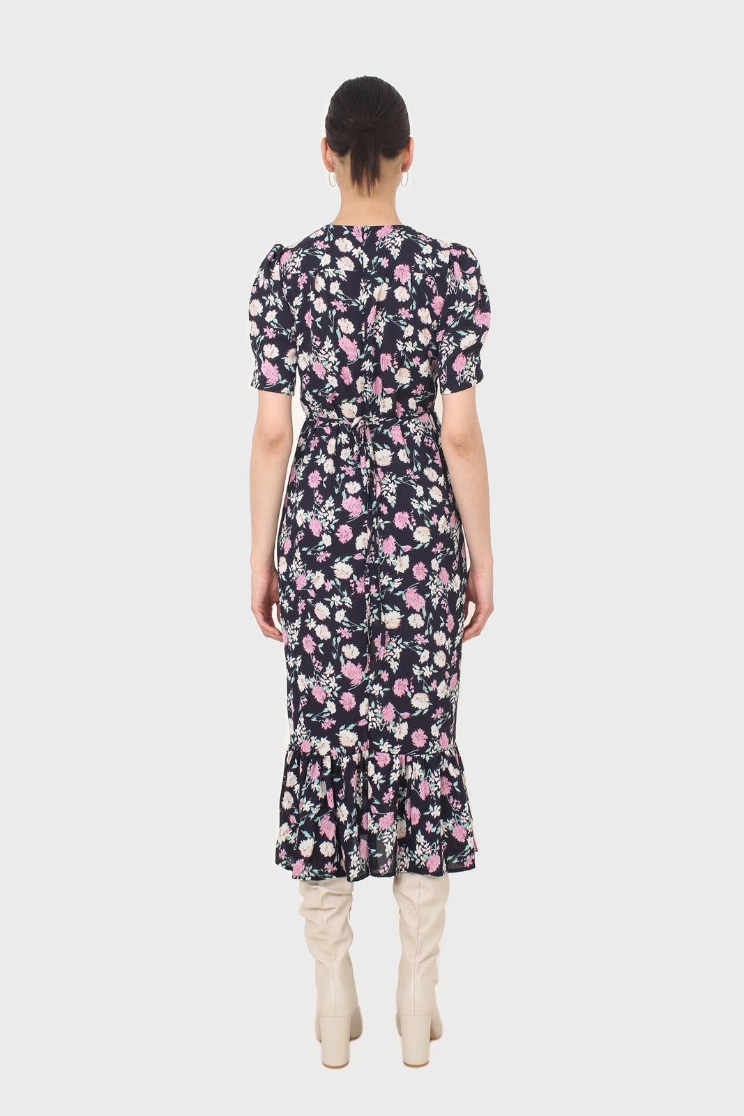 Navy pink and ivory floral tie back dress