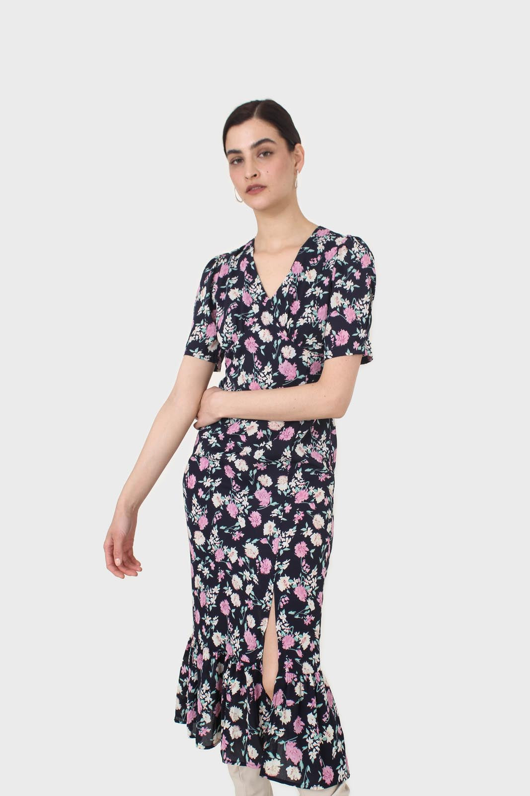 Navy pink and ivory floral tie back dress