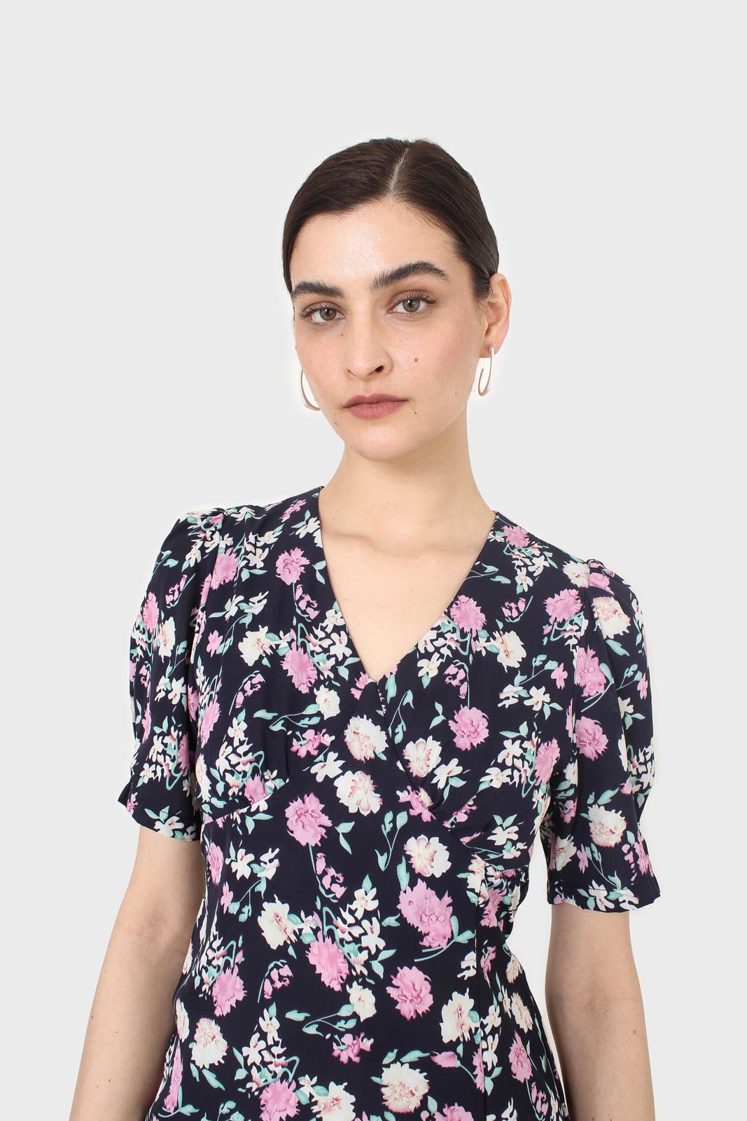 Navy pink and ivory floral tie back dress