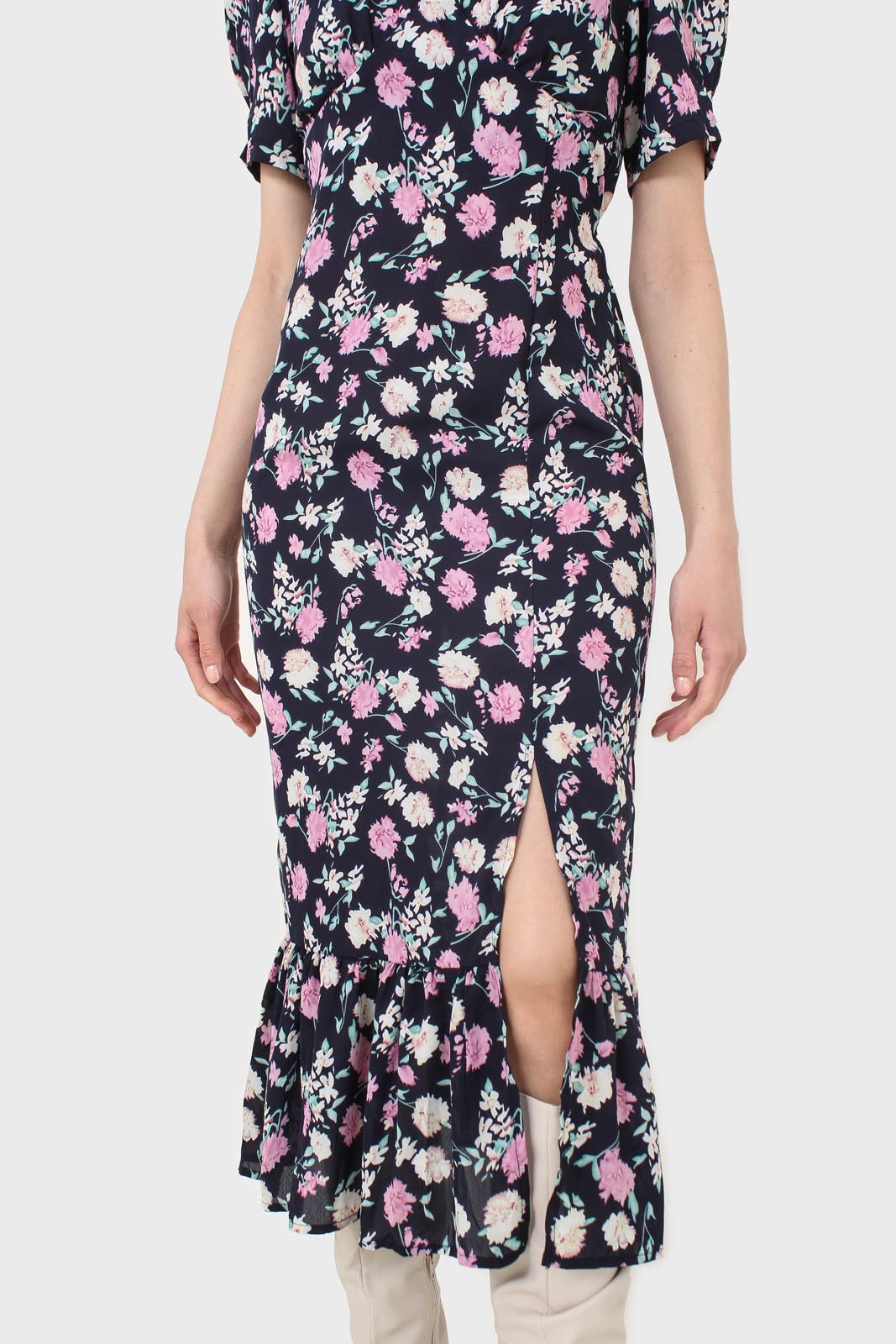 Navy pink and ivory floral tie back dress