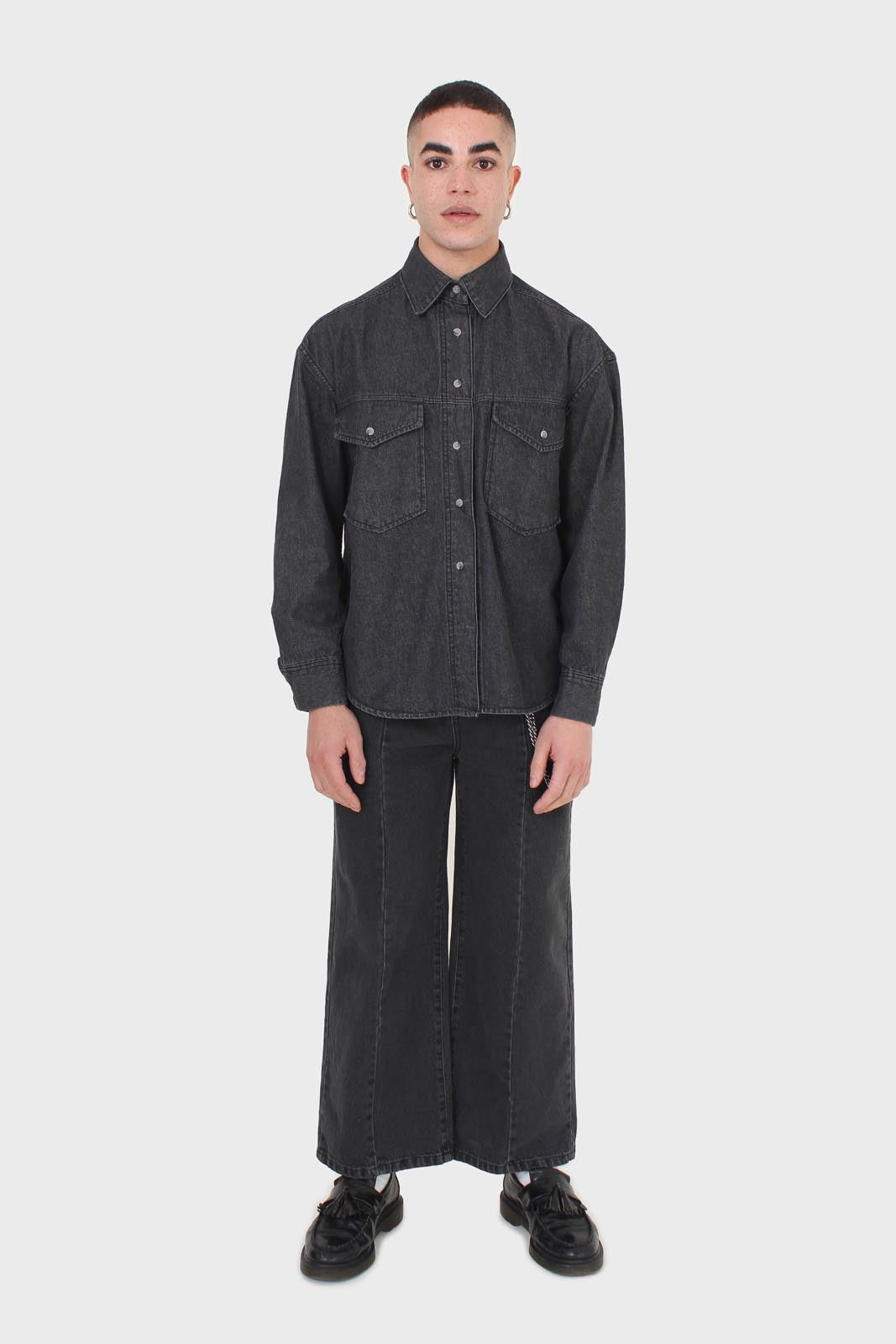 Black denim patch pocket shirt