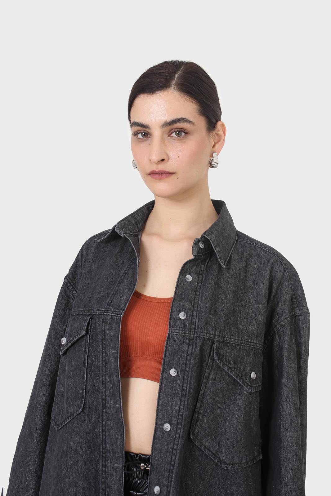 Black denim patch pocket shirt