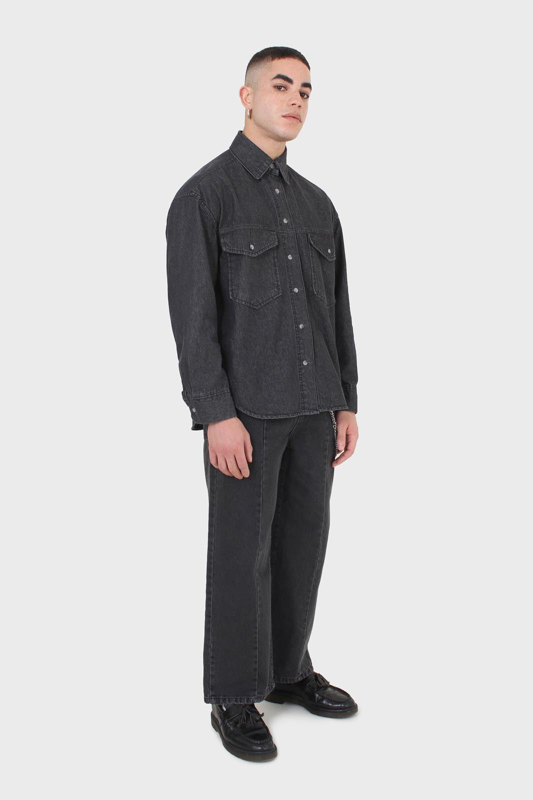 Black denim patch pocket shirt