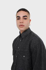 Black denim patch pocket shirt