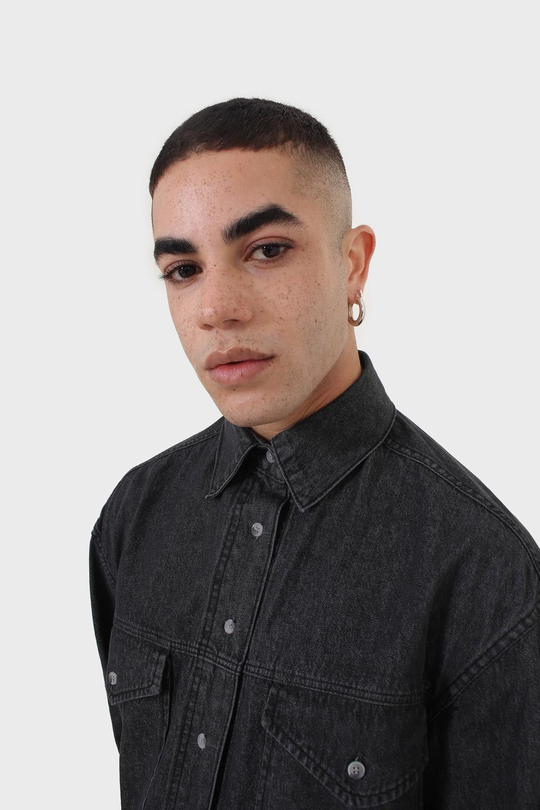 Black denim patch pocket shirt