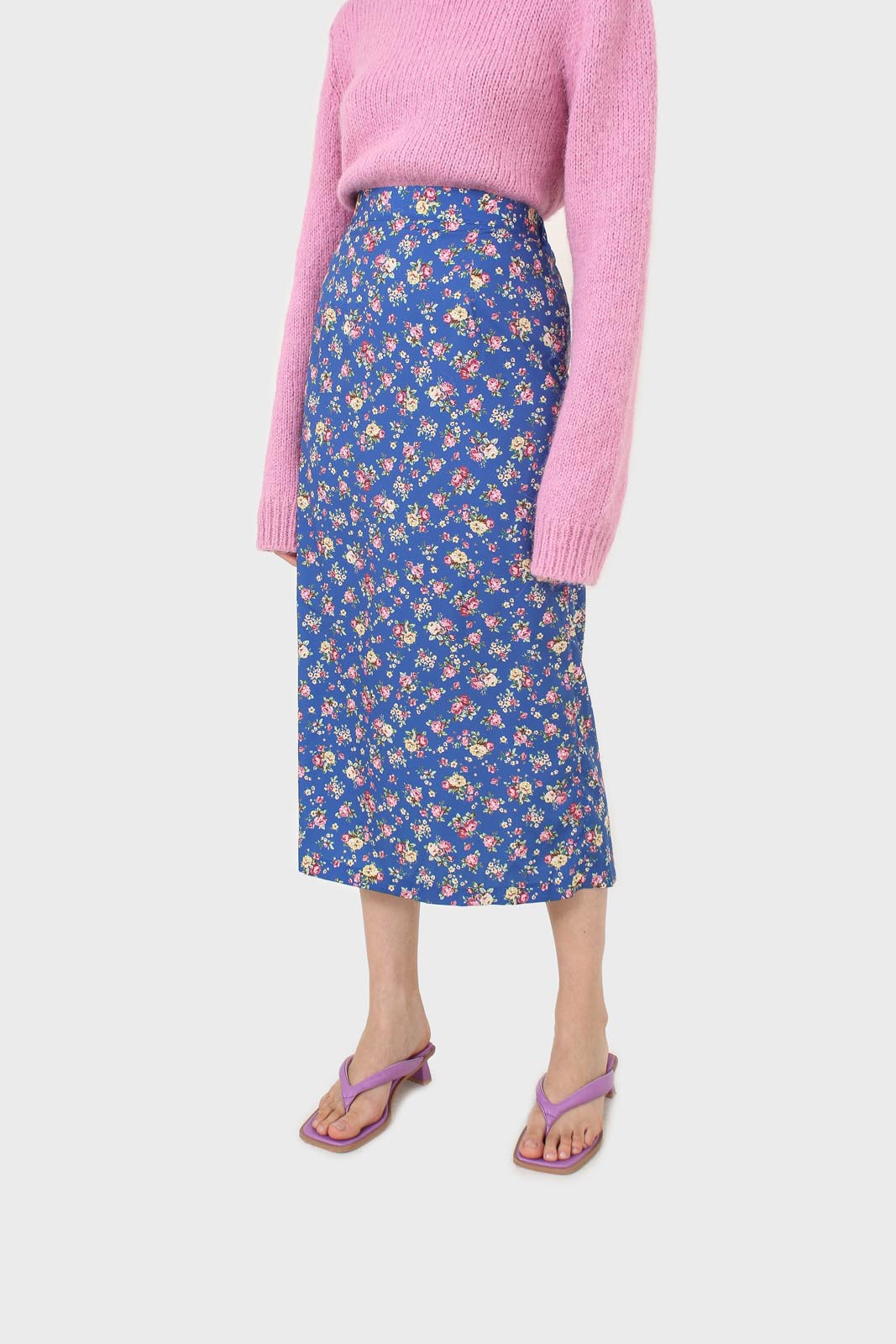 Blue and pink floral print skirt