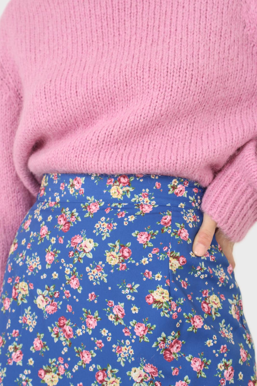 Blue and pink floral print skirt