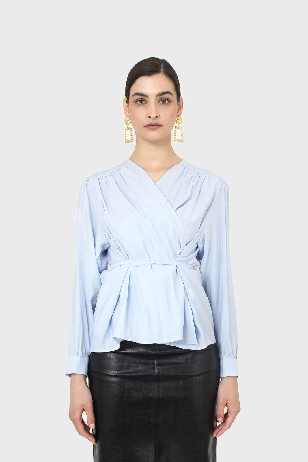 Blue open tie waist blouse