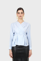 Blue open tie waist blouse