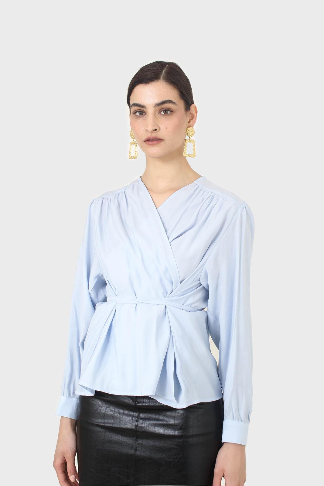 Blue open tie waist blouse