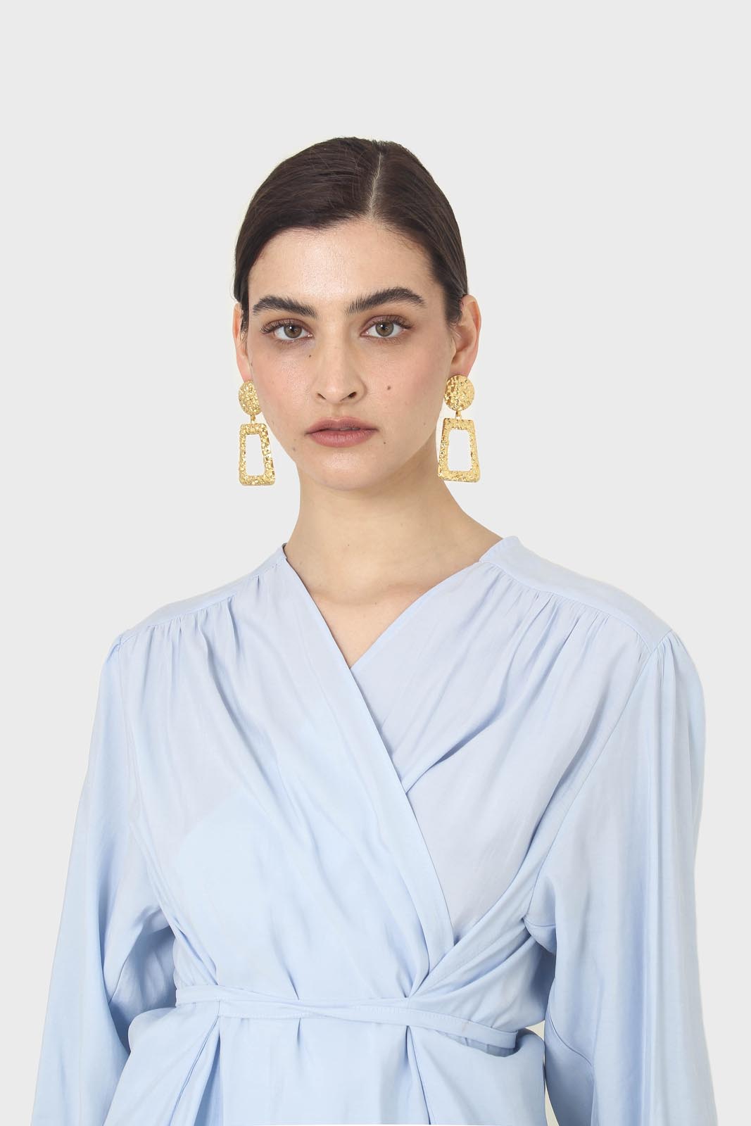 Blue open tie waist blouse