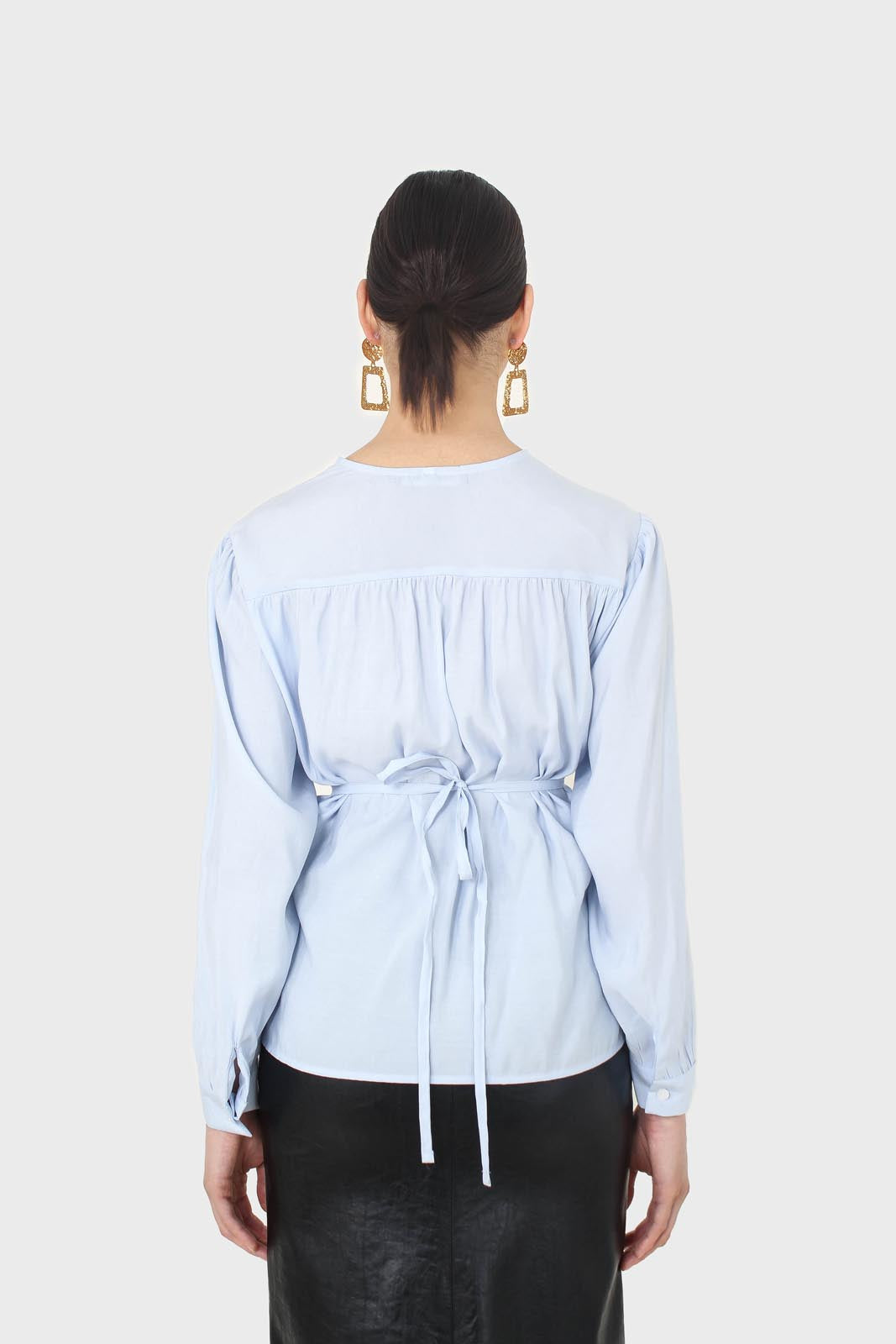 Blue open tie waist blouse