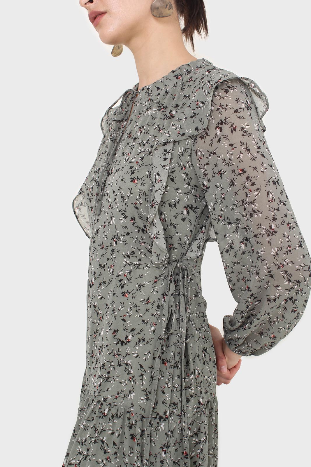 Khaki green floral tie neck dress