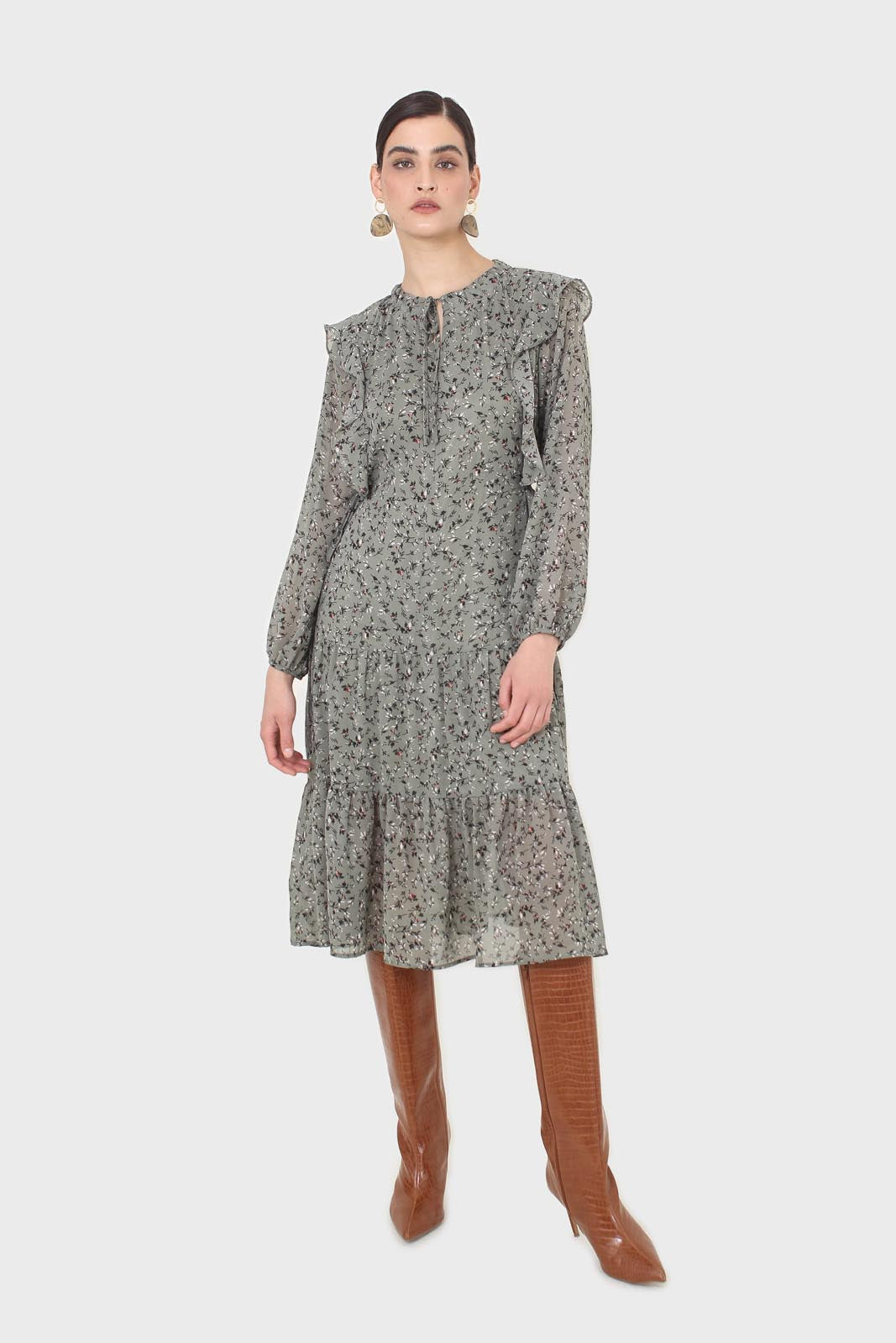 Khaki green floral tie neck dress