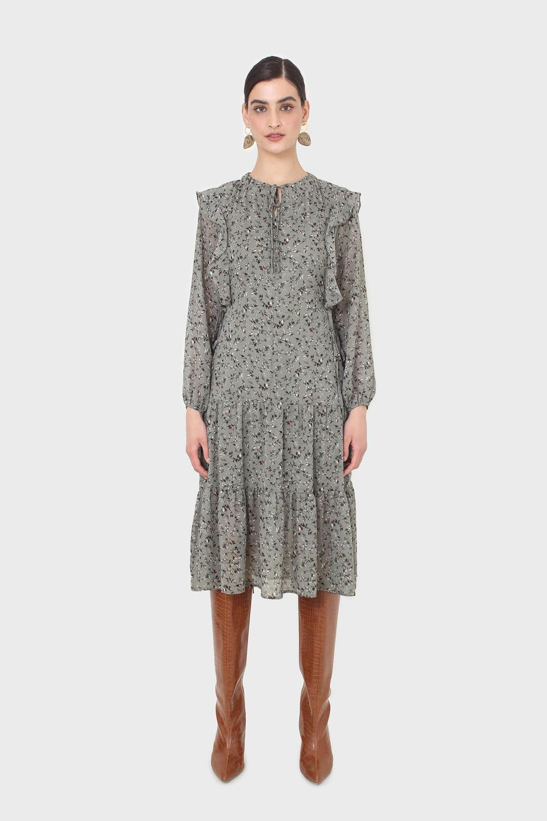 Khaki green floral tie neck dress