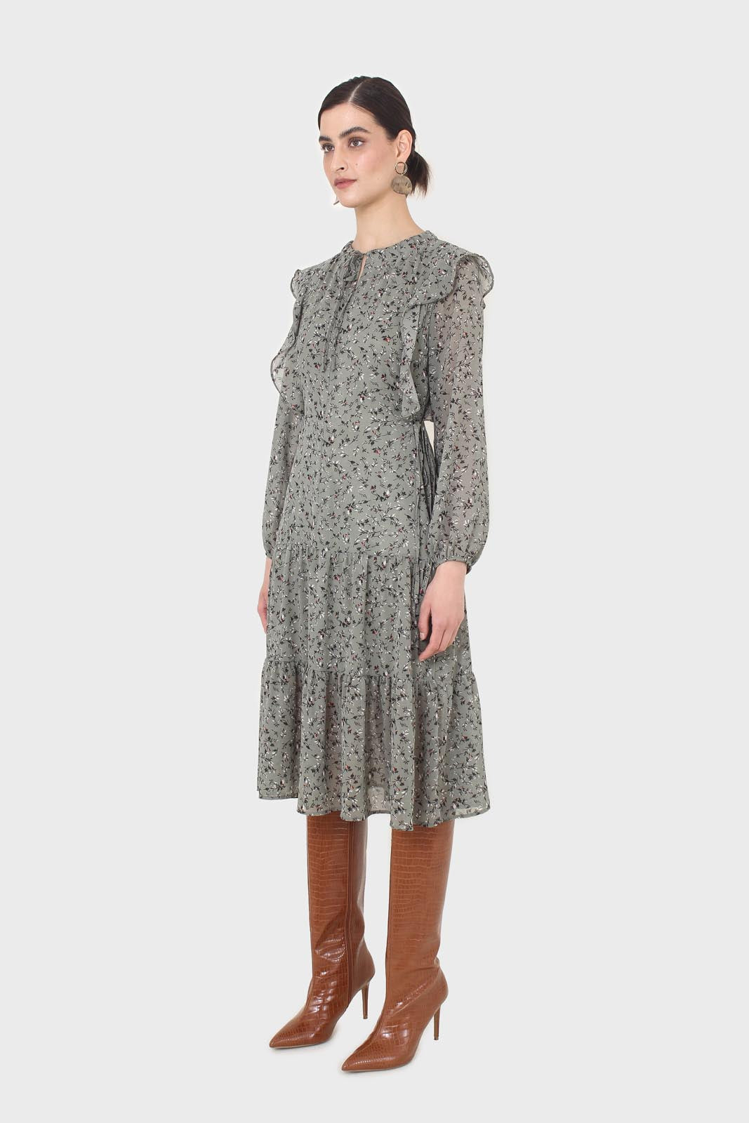 Khaki green floral tie neck dress