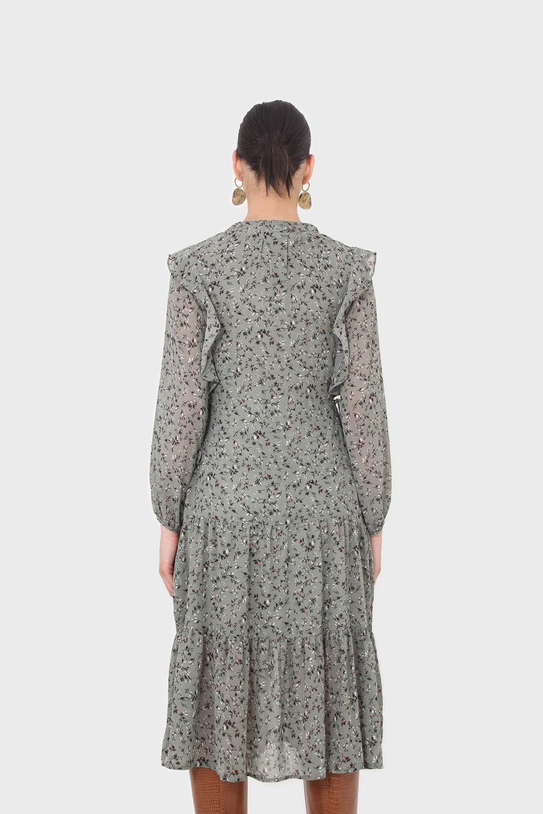 Khaki green floral tie neck dress