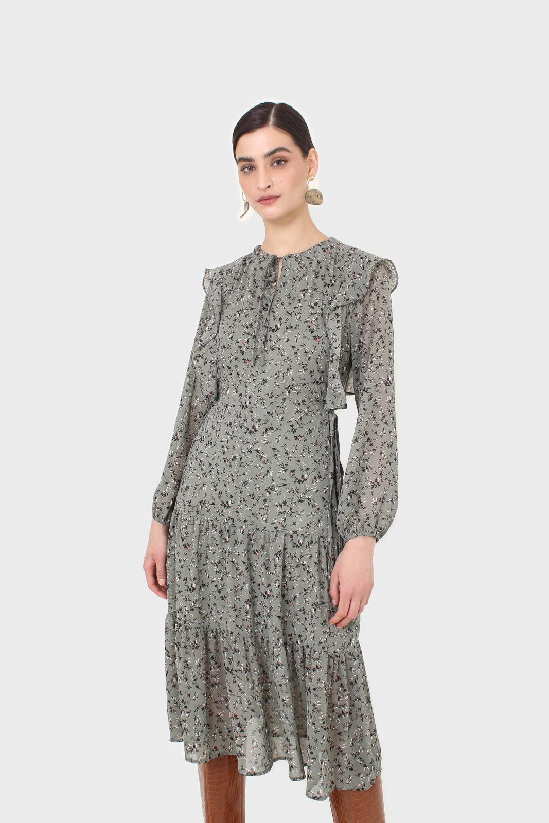 Khaki green floral tie neck dress