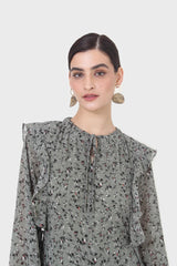 Khaki green floral tie neck dress