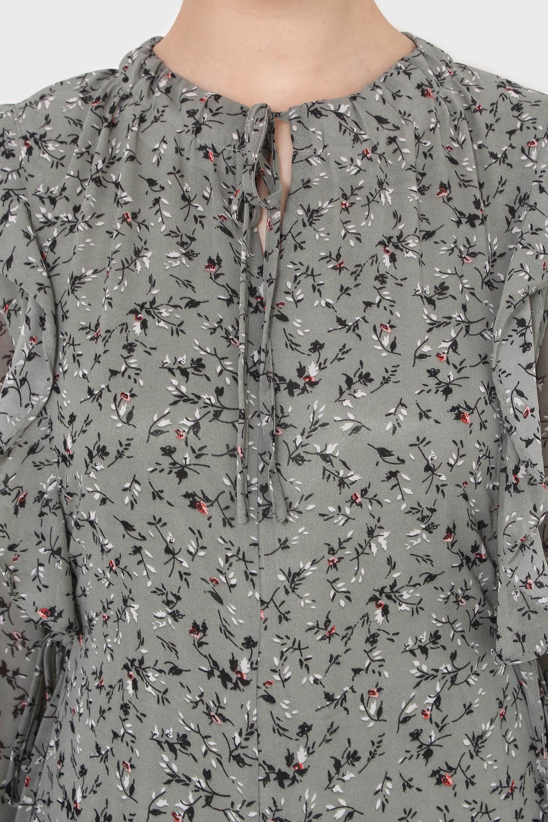 Khaki green floral tie neck dress
