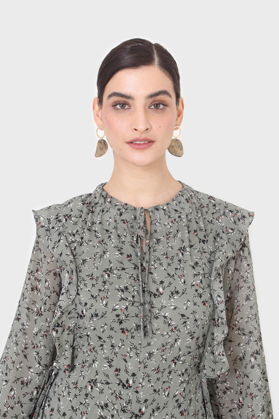 Khaki green floral tie neck dress