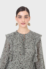 Khaki green floral tie neck dress