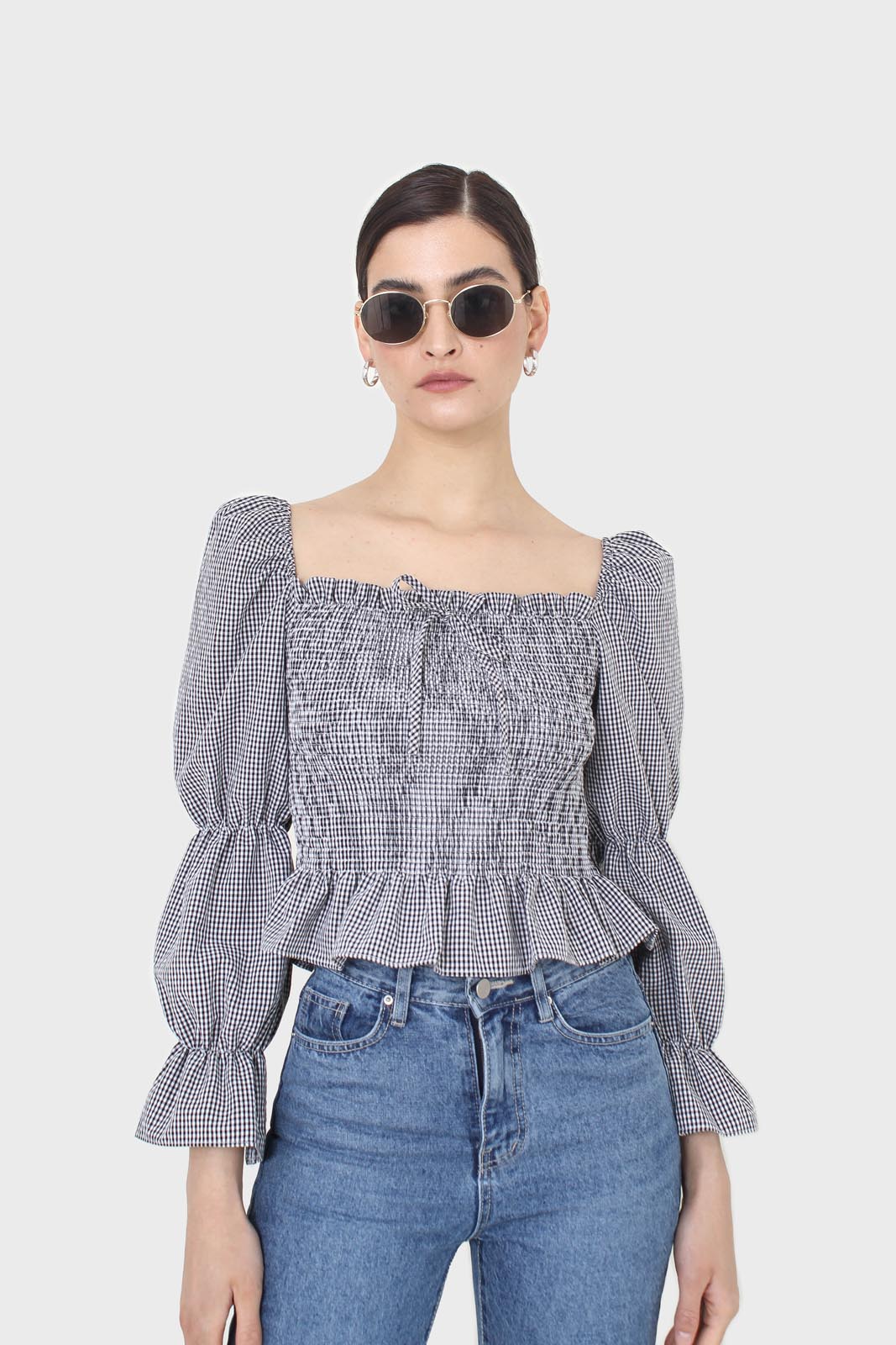 Black and white gingham ruched blouse