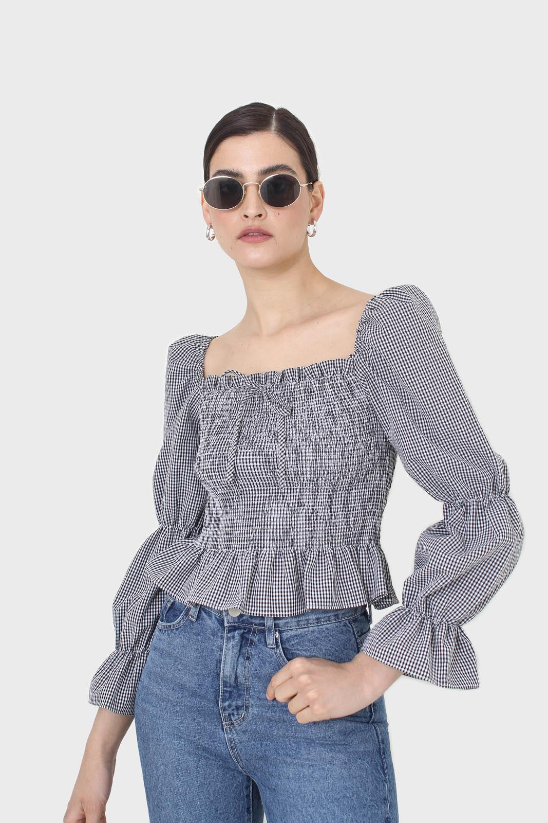 Black and white gingham ruched blouse