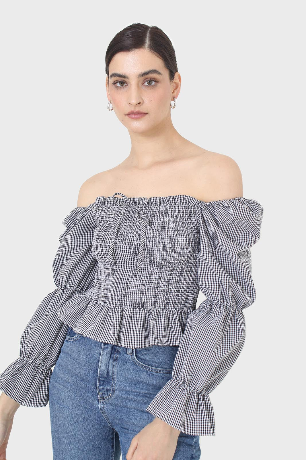 Black and white gingham ruched blouse