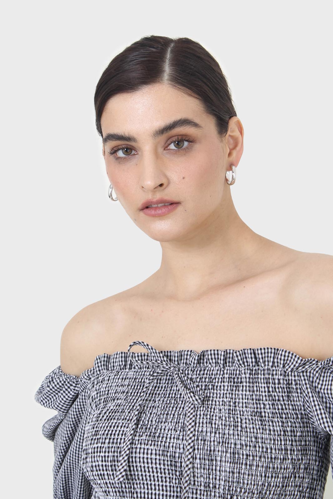 Black and white gingham ruched blouse