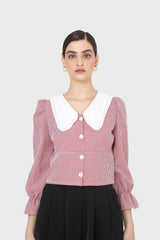 Red and ivory gingham large collar blouse