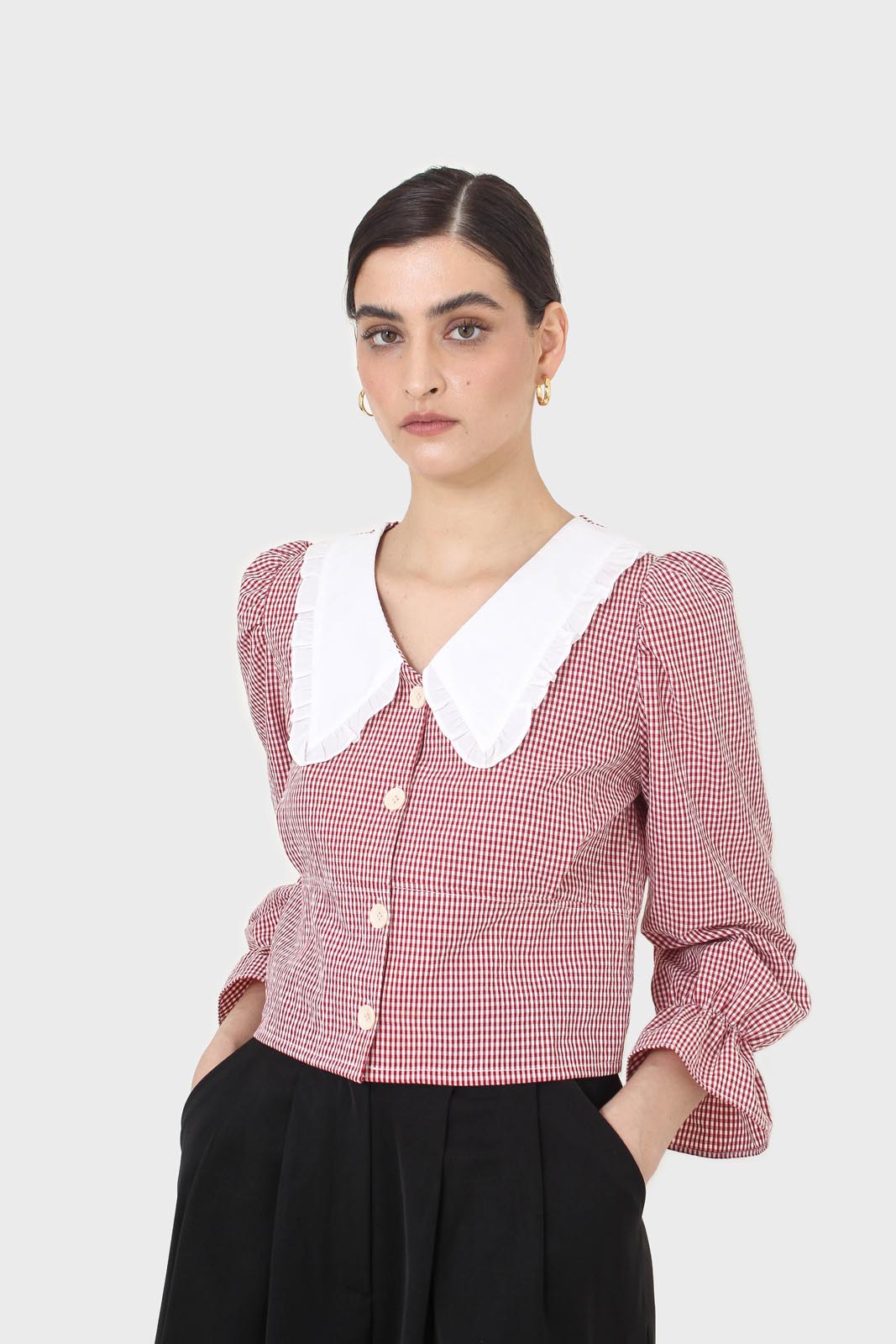 Red and ivory gingham large collar blouse