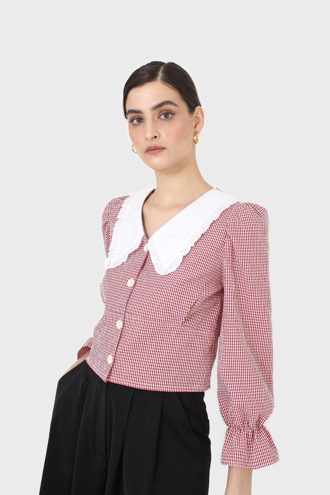 Red and ivory gingham large collar blouse