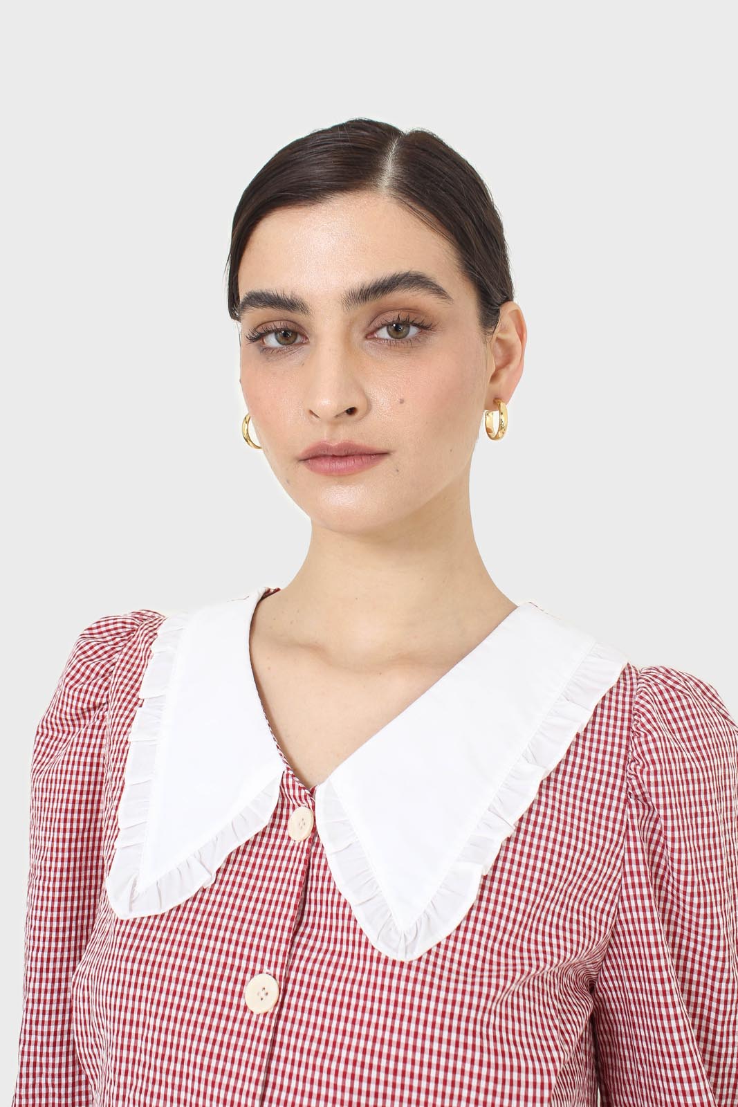 Red and ivory gingham large collar blouse