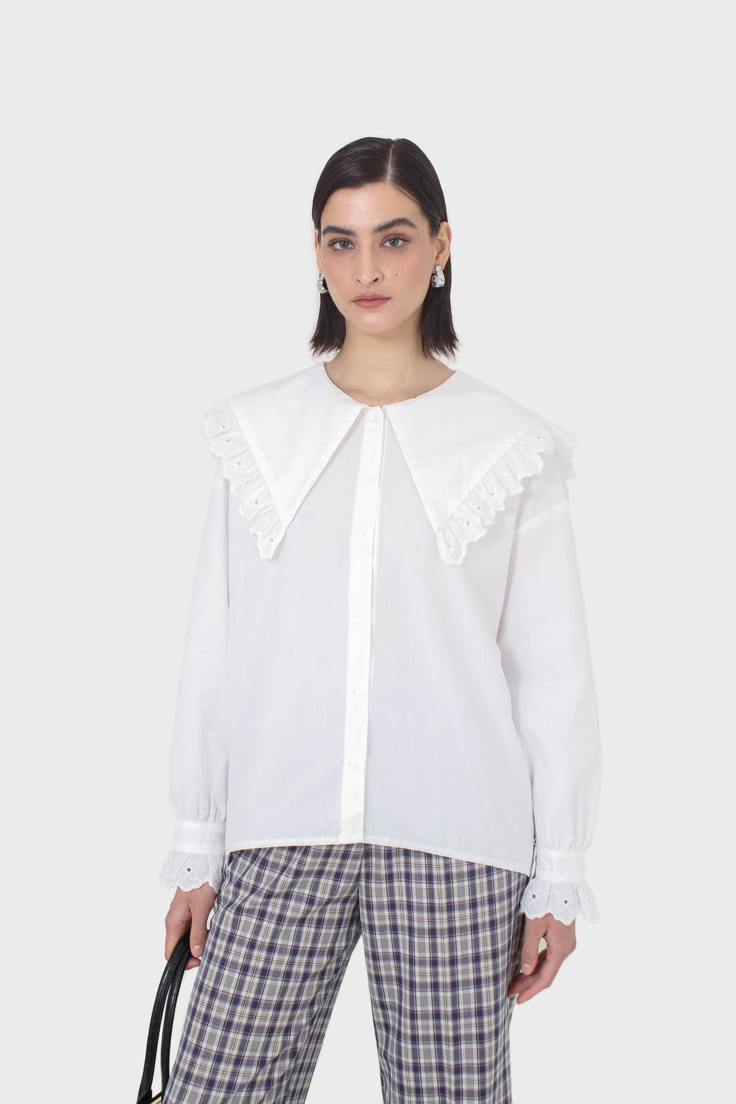 White large pointed collar cotton blouse