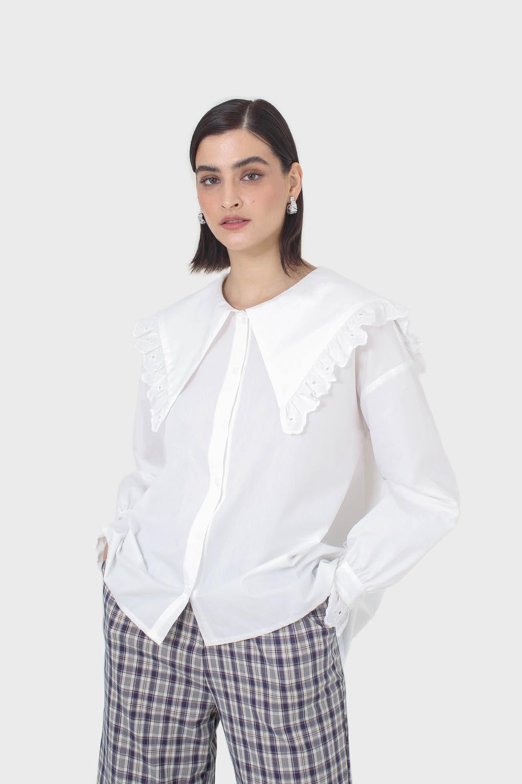 White large pointed collar cotton blouse