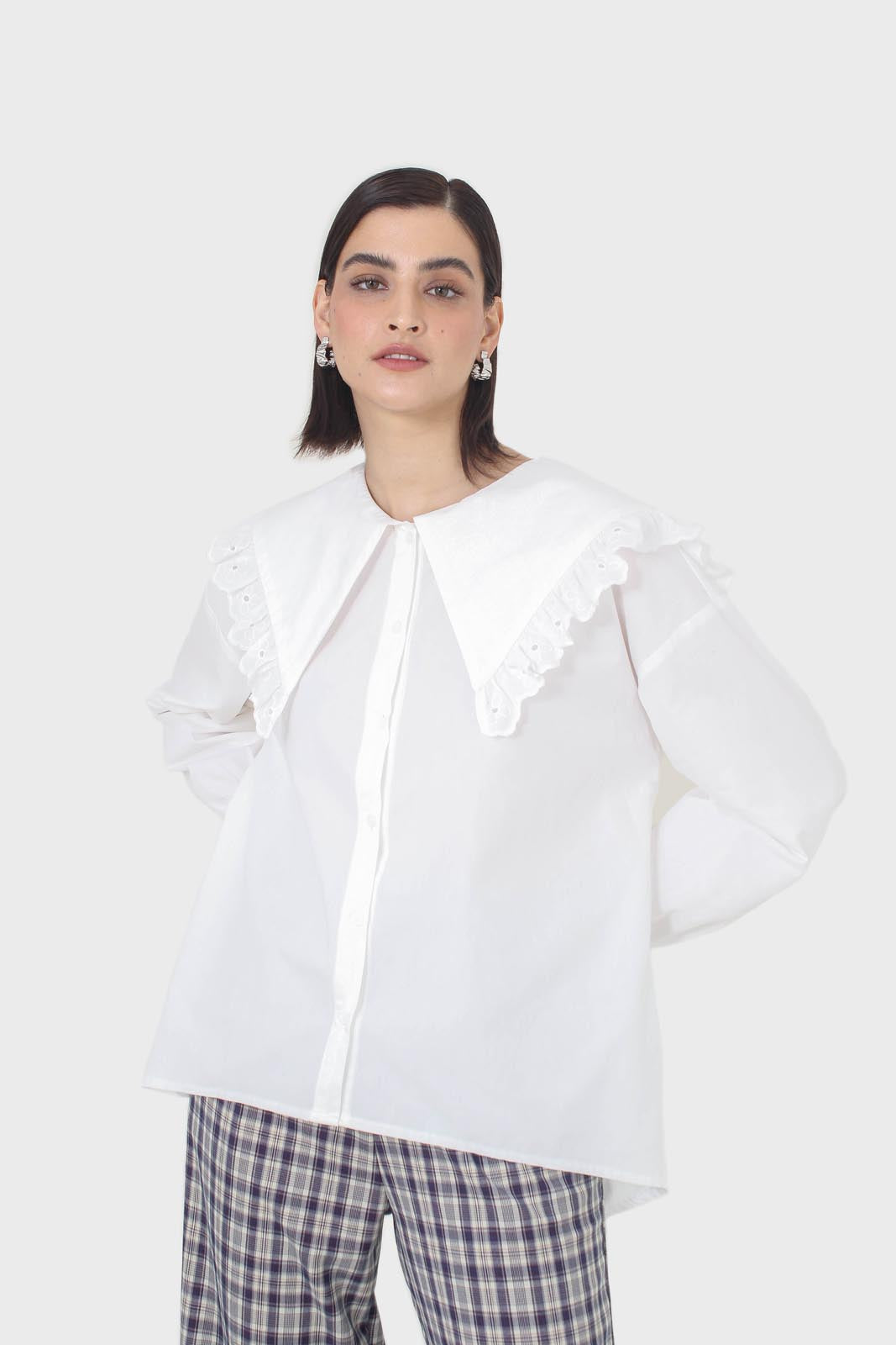 White large pointed collar cotton blouse