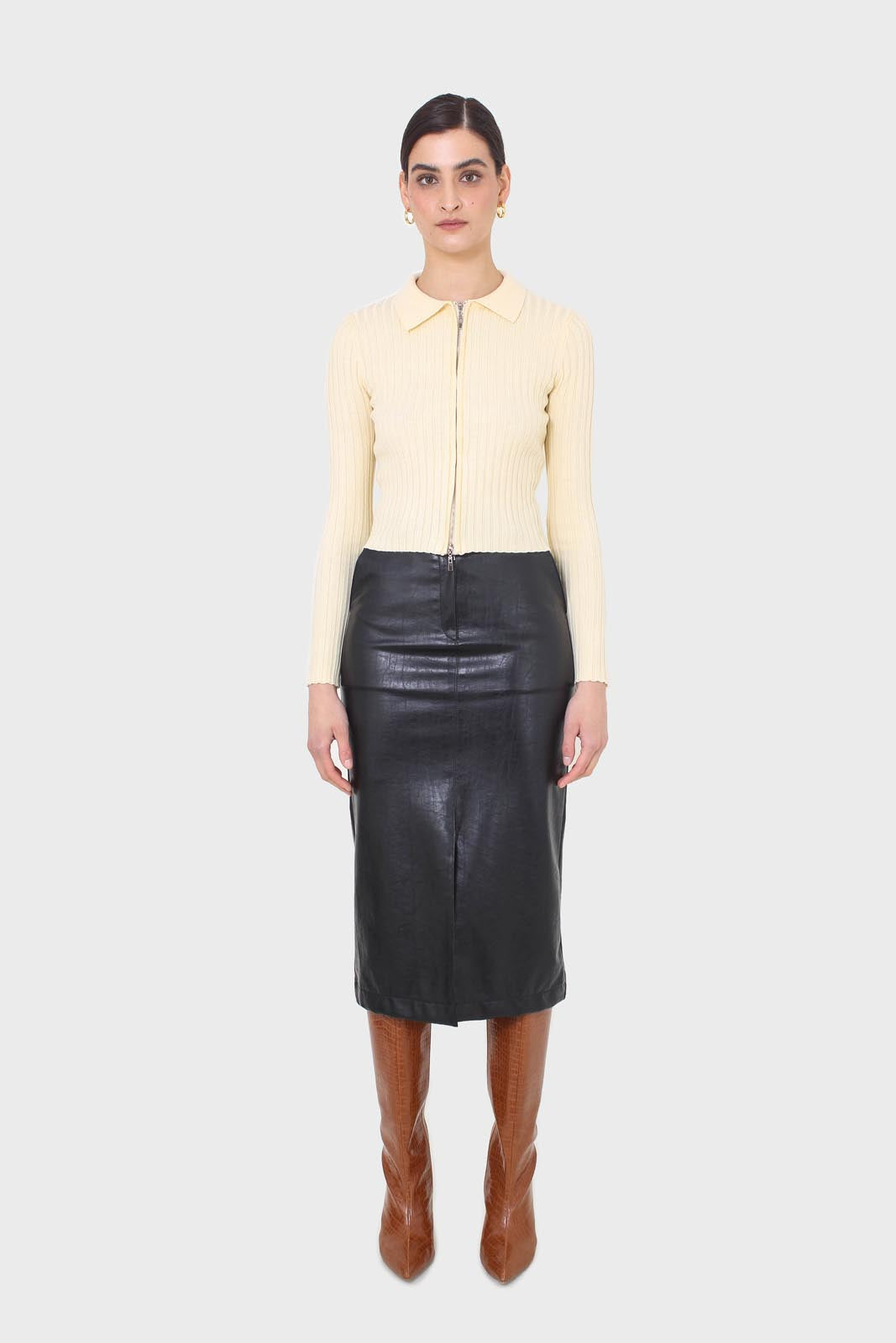 Pale yellow zip up fitted knit top