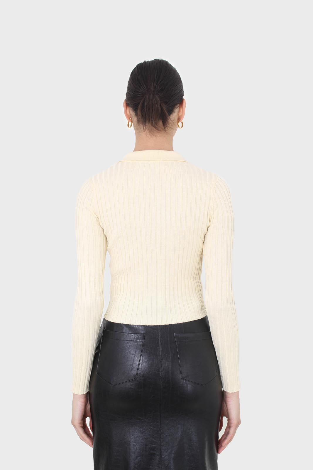 Pale yellow zip up fitted knit top