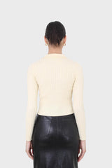 Pale yellow zip up fitted knit top
