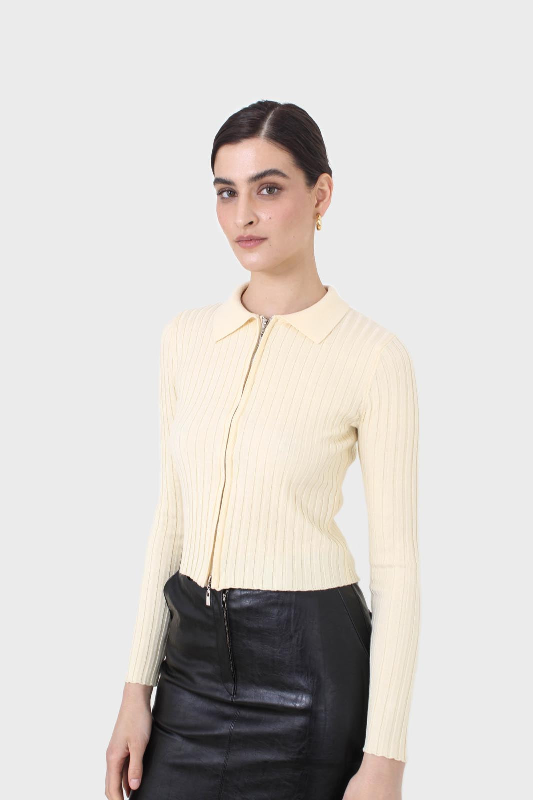 Pale yellow zip up fitted knit top