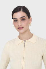 Pale yellow zip up fitted knit top