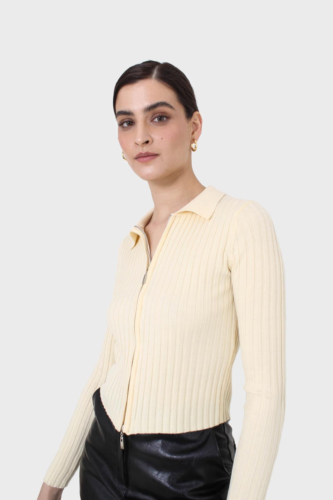 Pale yellow zip up fitted knit top